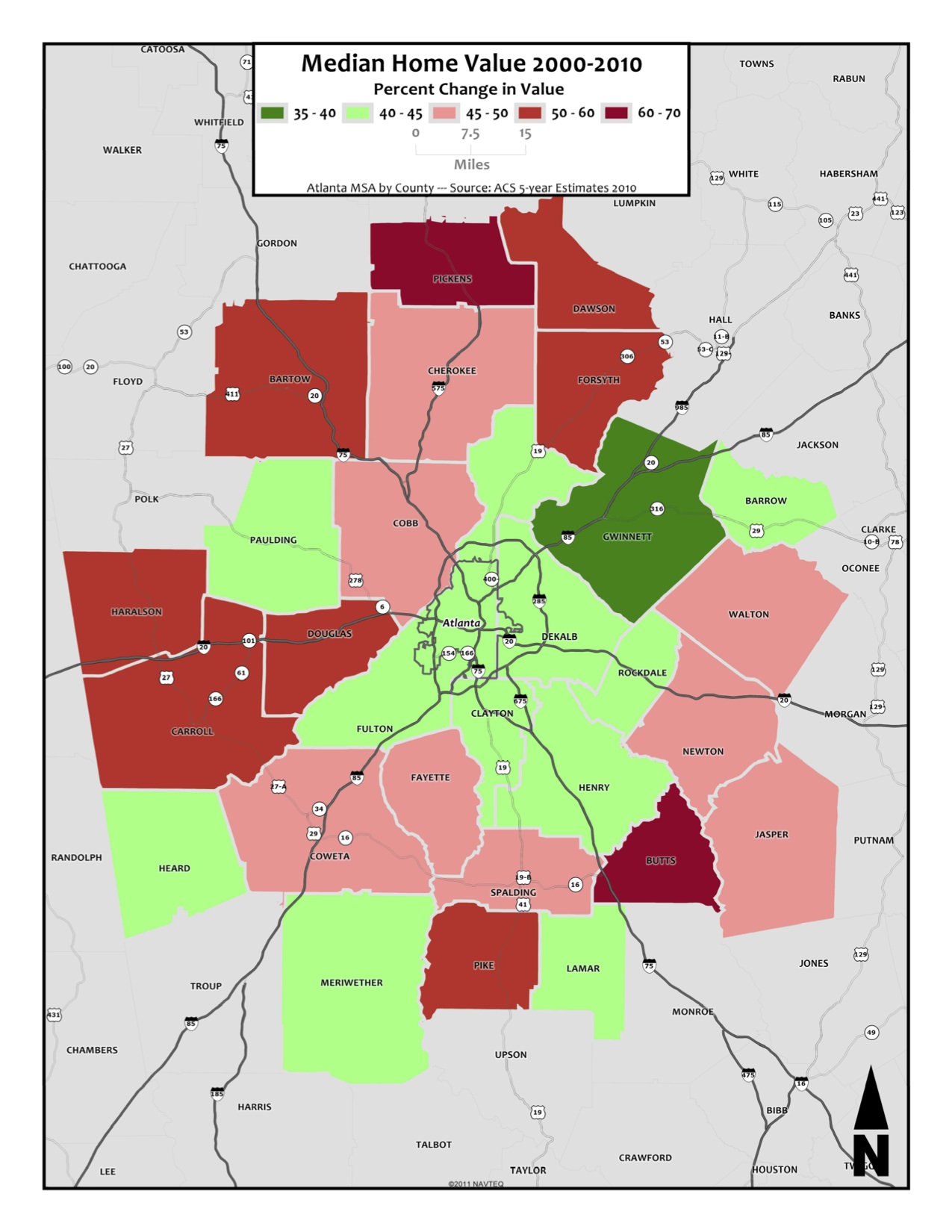 Change in Median Home Value, 2000-2010 – metro counties