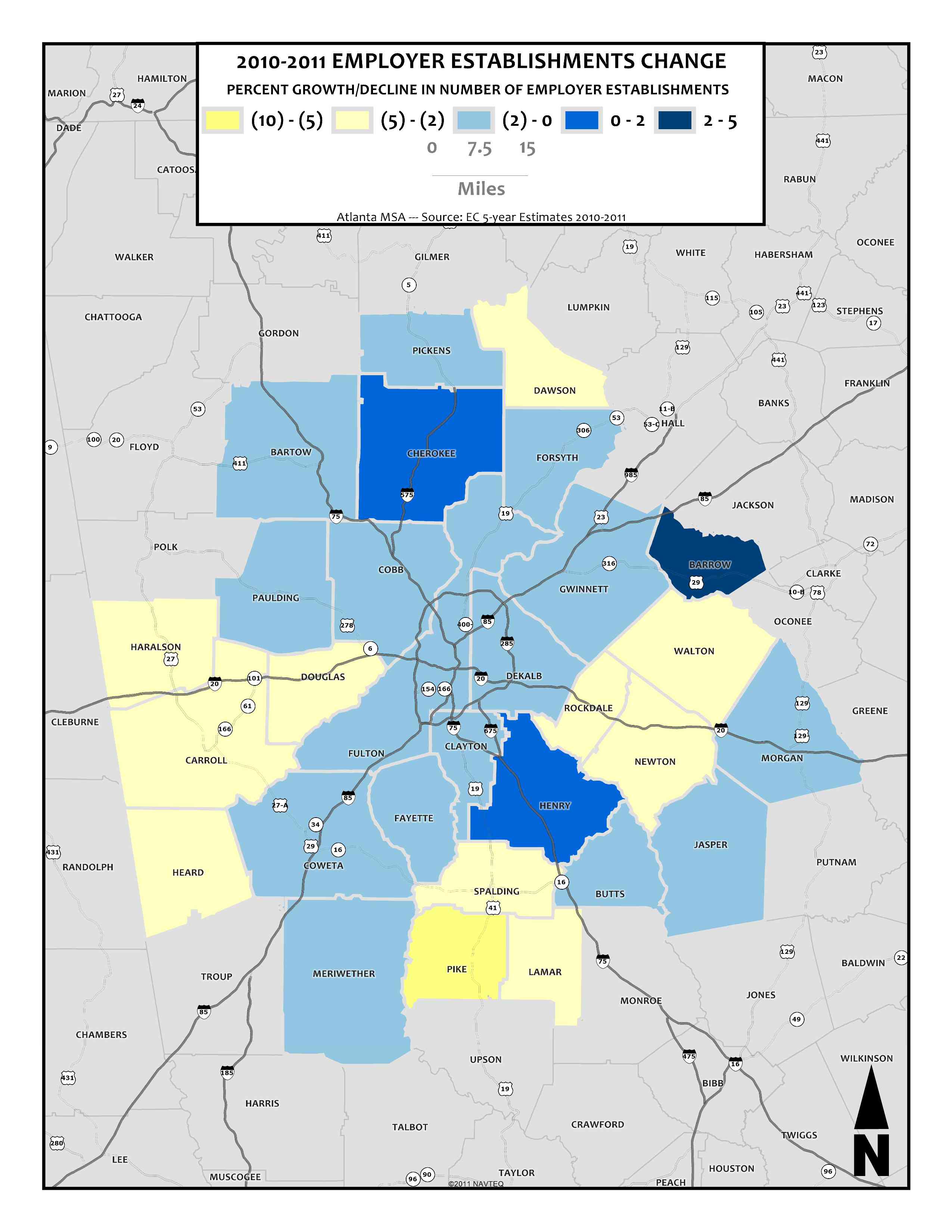 Employer Establishments Numeric Change, 2010-2011 – metro counties