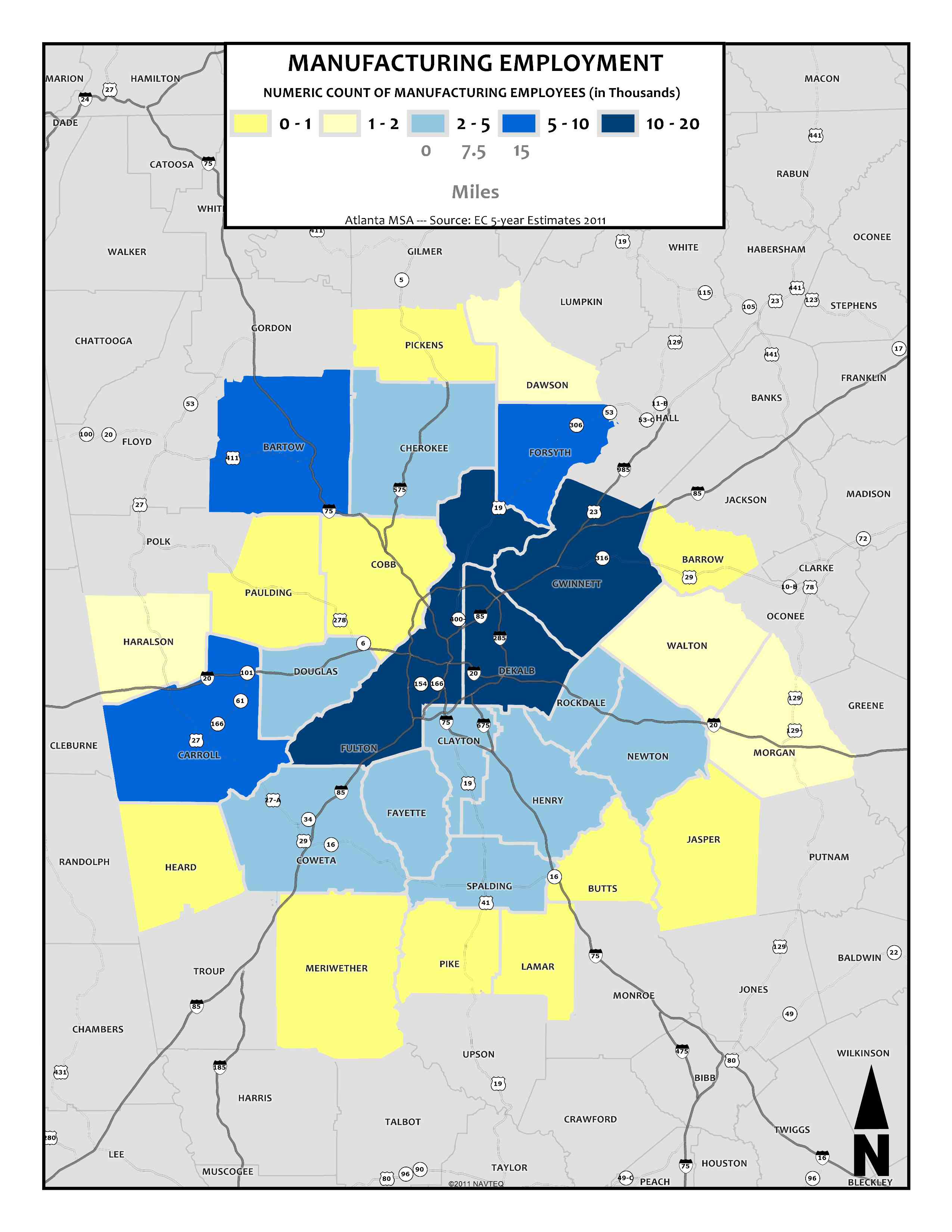 Manufacturing Employment Count, 2011 – metro counties