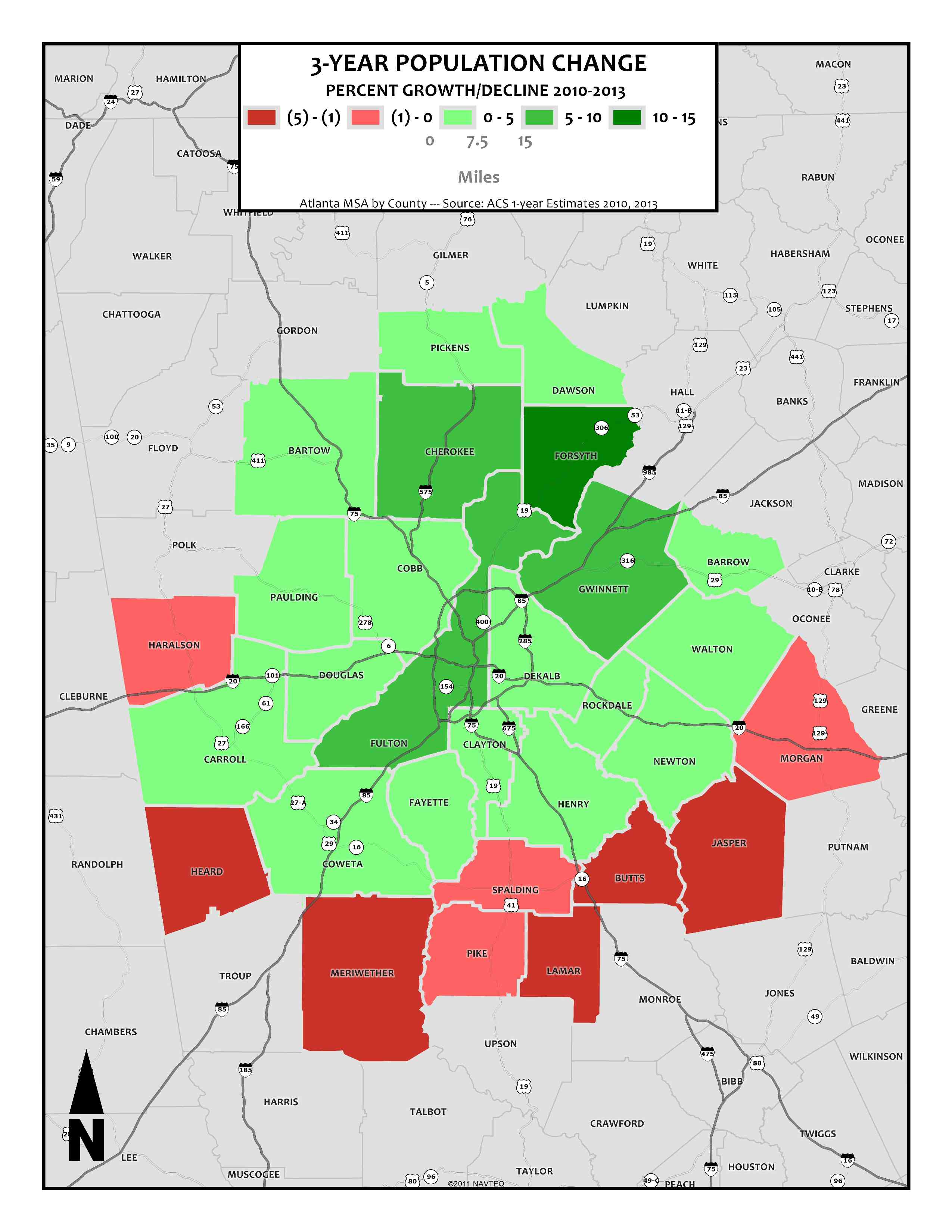 3-Year Population Change Percent, 2010-2013 – metro counties