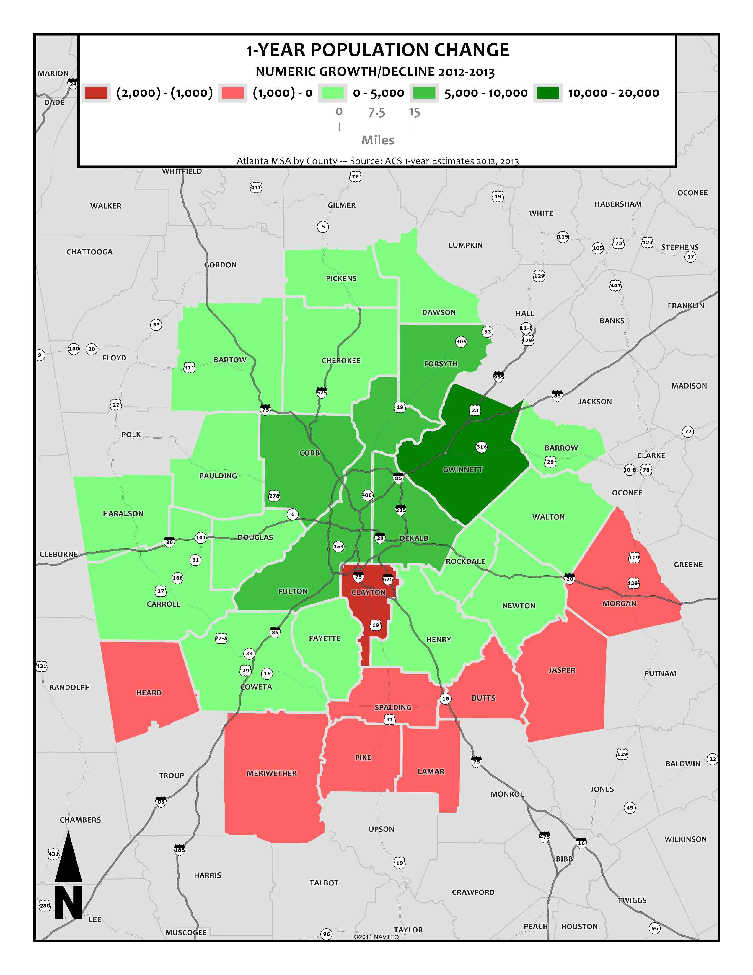 1-Year Population Numeric Change, 2012-2013 – metro counties