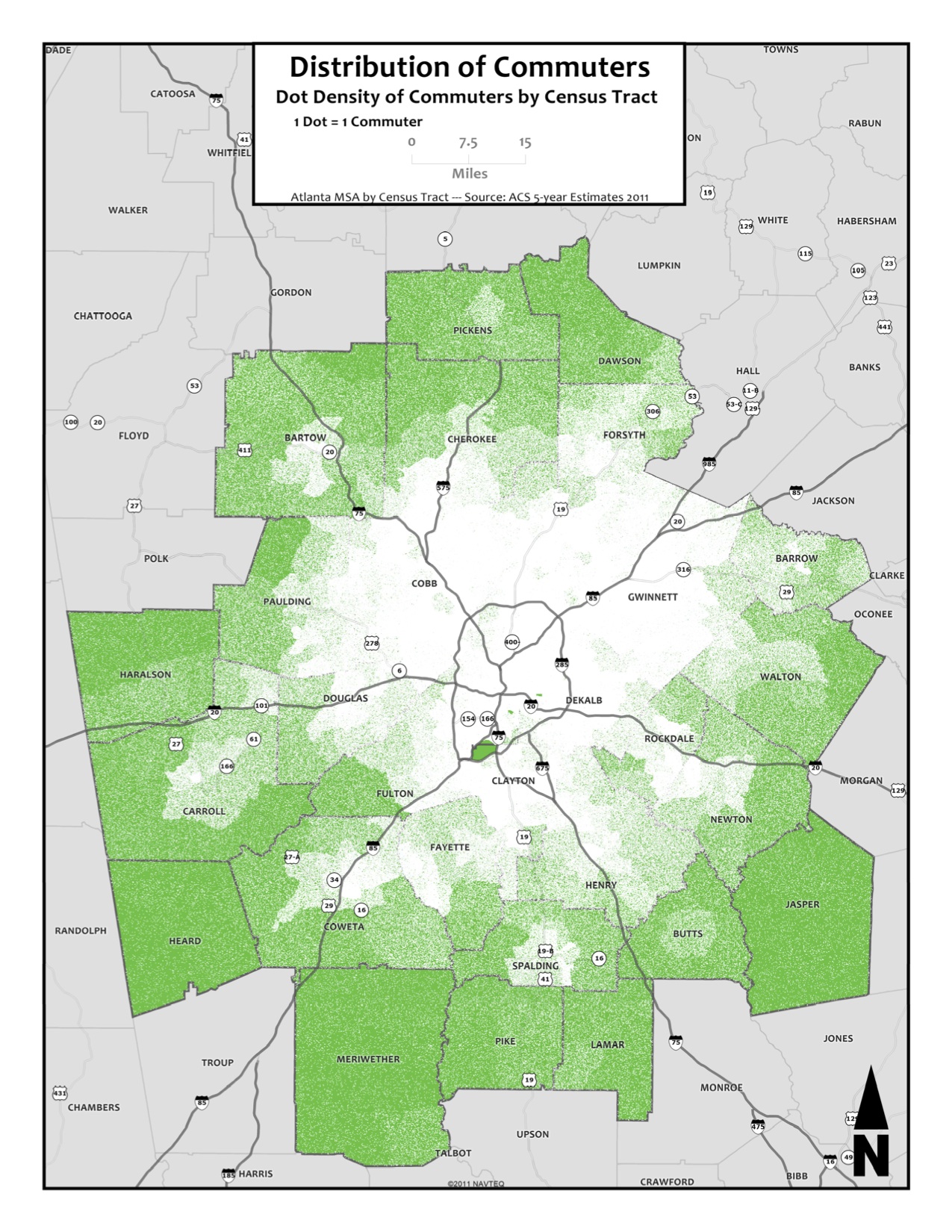 Distribution of Commuters by Dot Density (Dot=1)