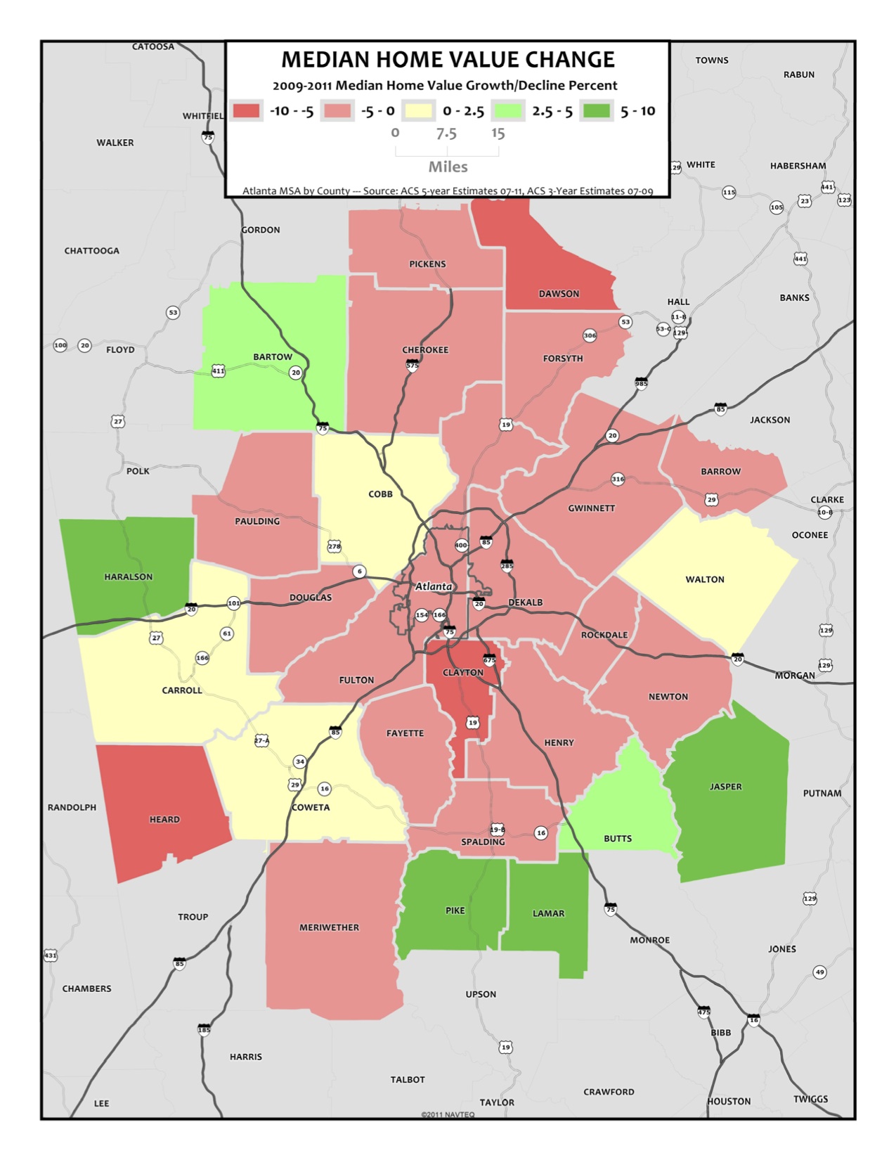 Median Home Value Change, 2009-2011 – metro counties