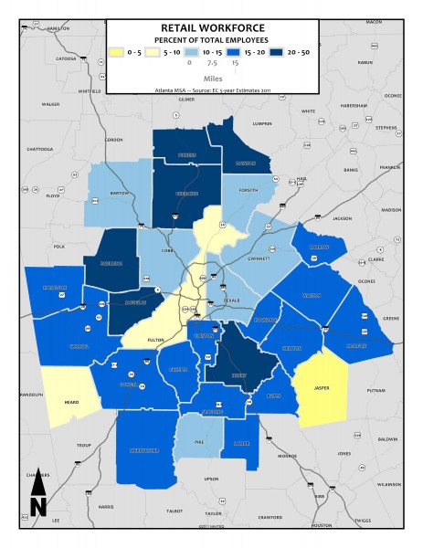 Retail Employment Prevalence, 2011 - metro counties1